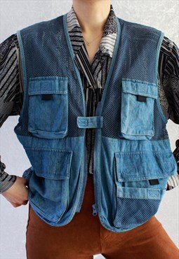Vintage Vest Multi Pocket Blue M T697