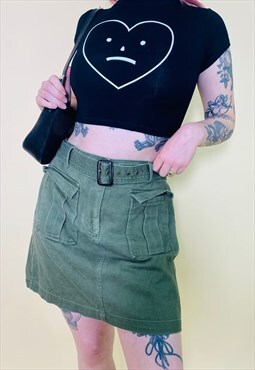Vintage Y2K 90s Green Denim Utility Cargo Belted Mini Skirt