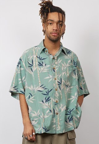 VINTAGE 80'S TEAL BAMBOO PRINT SILK SHIRT