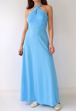 VINTAGE 70S BRIGHT TURQUOISE BLUE HALTERNECK LONG MAXI DRESS