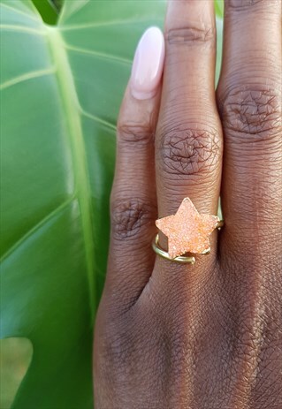 DRUZY GEMSTONE TANGERINE ORANGE STAR GOLD RING