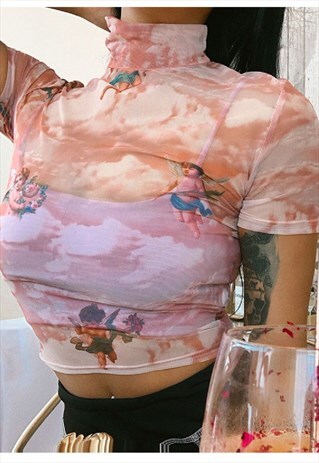 ANGEL PRINT MESH CROP TOP BLUE