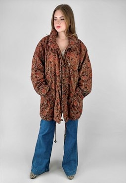 80's Vintage Ladies Brown Floral Oversized Parka Jacket