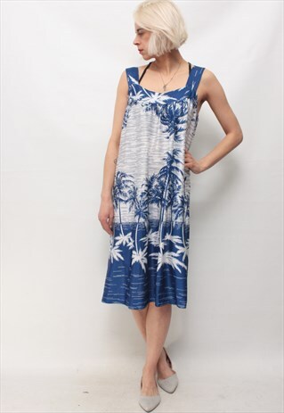 VINTAGE 90' BEAUTIFUL AMAZING MIDI BLUE HAWAI DRESS