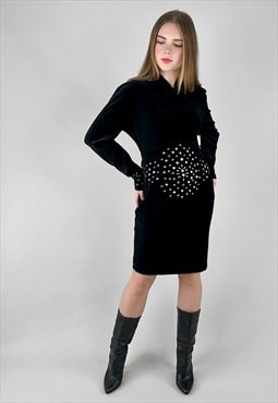 80's Anna Lugli Vintage Silver Studded Black Velvet Dress