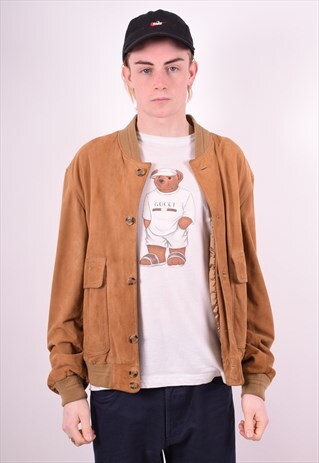 MENS VINTAGE SUEDE BOMBER JACKET LARGE BROWN 90'S