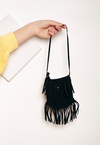 FRINGE LEATHER PURSE - 90S VINTAGE SUEDE FANNY PACK