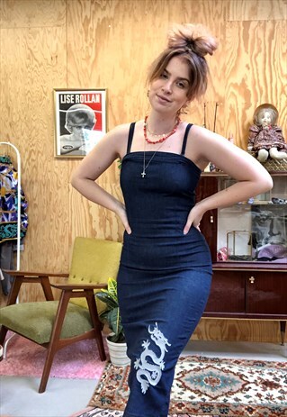 VINTAGE 90S DENIM MAXI DRESS WITH DRAGON PRINT