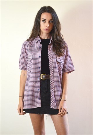 1990S VINTAGE RED AND BLUE CHECKED SHORT SLEEVE SHIRT