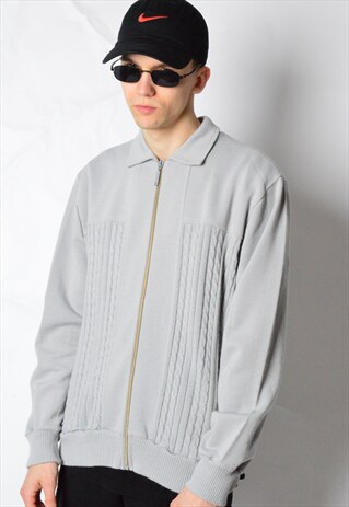 VINTAGE 80S GREY WOOL KNIT ZIPPER JACKET