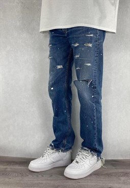 Blue Levis 517 Distressed White Painted Jeans Straight Fit