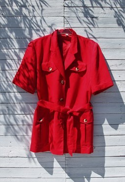 Vintage red short sleeved safari style pockets belted blazer