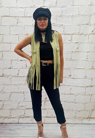 VINTAGE REAL SUEDE/LEATHER GREEN FRINGED WAISTCOAT