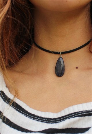 HANDMADE BLACK FAUX SUEDE BLUE GOLDSTONE CHOKER (VEGAN)