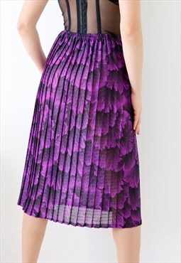 80s Vintage Pleated Midi Skirt Sheer Floral Skirt Purple