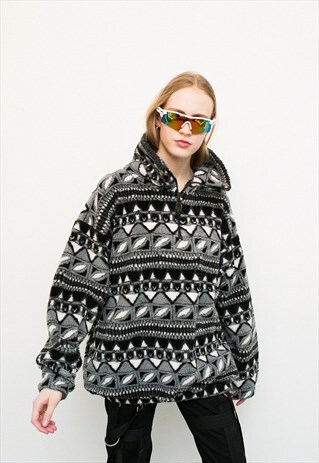 VINTAGE FLEECE GREY SWEATER ABSTRACT DESIGN WARM COZY