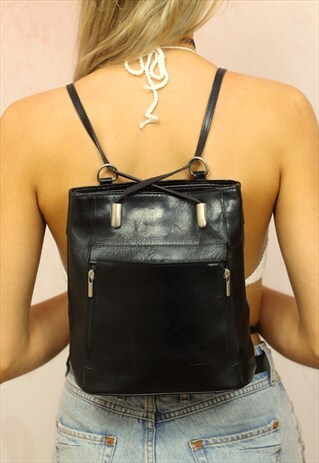 1990S VINTAGE JET BLACK REAL LEATHER BACKPACK
