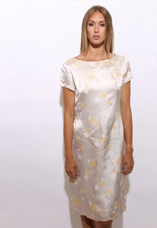 VINTAGE 1960'S 60'S CREAM SILK ASIAN GOLD BROCADE DRESS L-XL