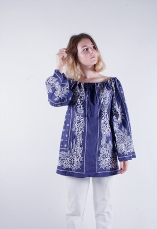 VINTAGE 90'S PAISLEY OFF SHOULDER NAVY PEASANT BLOUSE