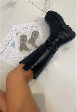 Black Knee length chunky sole women's boots