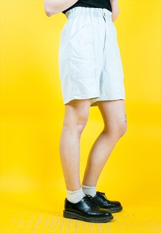 VINTAGE HIGH WAISTED LIGHT DENIM FESTIVAL BEACH SHORTS