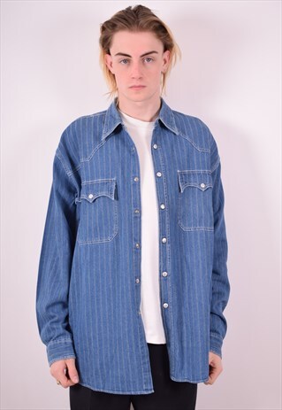 MENS VINTAGE DENIM SHIRT XL BLUE STRIPES 90S