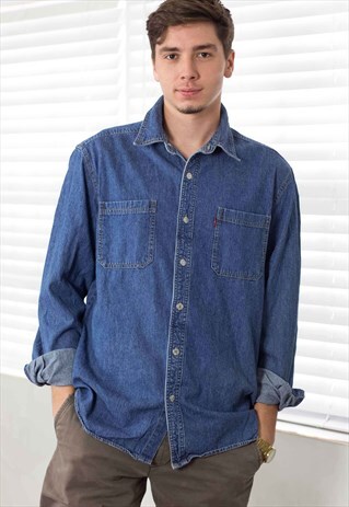 VINTAGE LEVI'S DENIM SHIRT LOGO 90S L 18.7