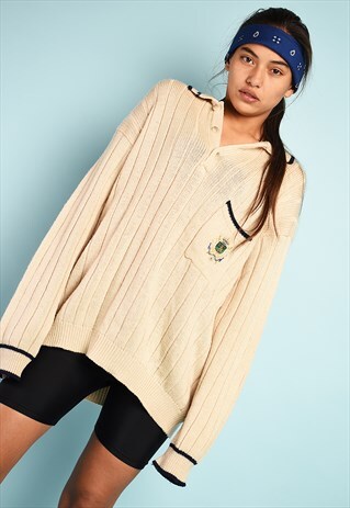 VINTAGE 80'S RETRO DAD'S JAZZY KNITTED JUMPER IN BEIGE