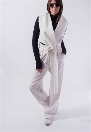 HIGH COLLAR VEST/ASYMMETRICAL/POCKETS/WOO/L SLEEVELESS/F1837