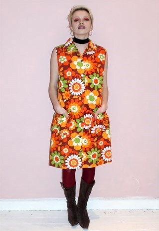 VINTAGE 60S HIPPY FLOWER POWER PRINT MIDI TEA KITSCH DRESS