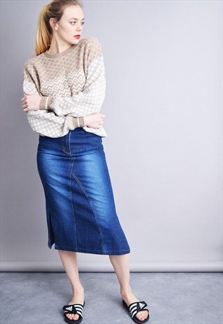 90'S STONEWASH DENIM CLASSY HIGHWAISTED MIDI MOM'S SKIRT