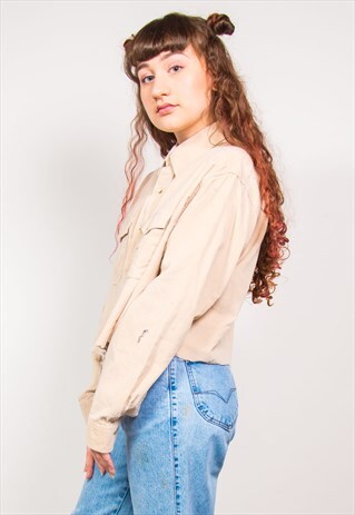 VINTAGE 90'S CREAM CORD CROPPED LONG SLEEVE SHIRT