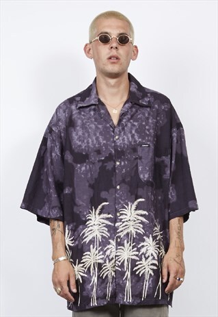 VINTAGE 90'S HAWAIIAN DARK PURPLE PALM PRINT SHIRT