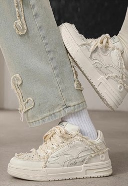 Chunky sole trainers faux leather sneakers skate shoes cream