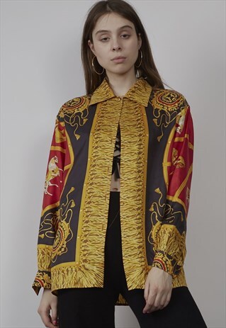 VINTAGE 80'S RED/GOLD SCARF PRINT DETAIL SHIRT