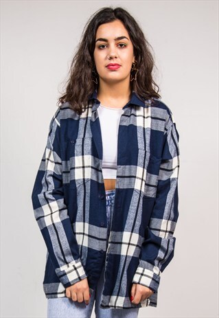90'S VINTAGE BLUE LARGE CHECK BOYFRIEND FLANNEL SHIRT