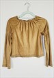 Y2K RETRO FAUX SUEDE BROWN FLARE SLEEVE BOHO BLOUSE
