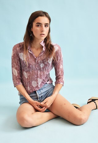 90'S RETRO BOHO FLORAL PRINT PLEATED SHEER BLOUSE TOP