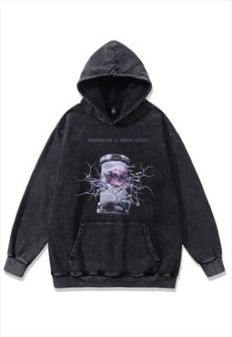 Virus print hoodie anime pullover grunge monster top in grey
