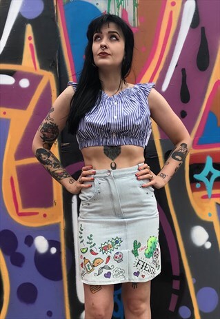 REWORKED VINTAGE SKIRT WITH MEXICAN DOODLES - SIZE 8