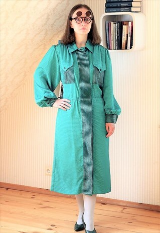 EMERALD GREEN BLACK STRIPES LONG SHIRT DRESS