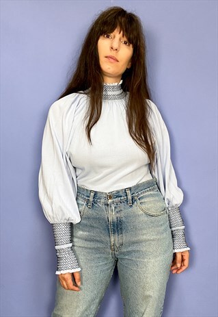 VINTAGE 70'S PALE BLUE HIGH NECK LONG SLEEVE TOP - S/M