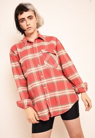 90'S RETRO TARTAN CHECKED OVERSIZED WORKWEAR SHIRT TOP