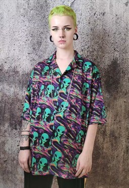 Alien print shirt Chain attachment top UFO blouse in purple