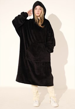  fluffy fuax fur extra long hoodie blanket with pocke