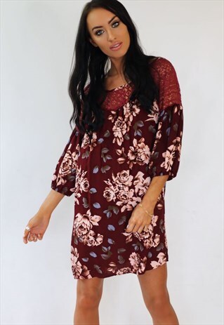 BURGUNDY FLORAL LOOSE TUNIC SUMMER DRESS