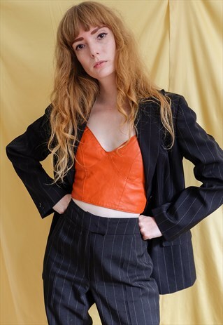 VINTAGE 90S BLACK PINSTRIPE STRIPED 2 PIECE TROUSERS SUIT