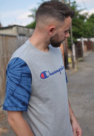 90'S GRUNGE CHAMPION REWORK TEE WITH TIE DYE SLEEVES