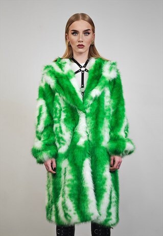 GREEN TIE-DYE COAT FAUX FUR NEON SHAGGY ACID TRENCH JACKET