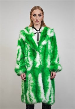 Green tie-dye coat faux fur neon shaggy acid trench jacket